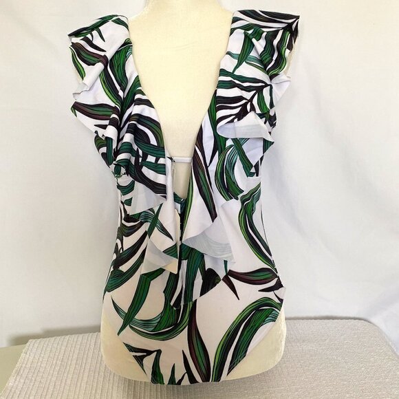 One Piece White & Green Palm Leaf Bathing Suit - Picture 1 of 11